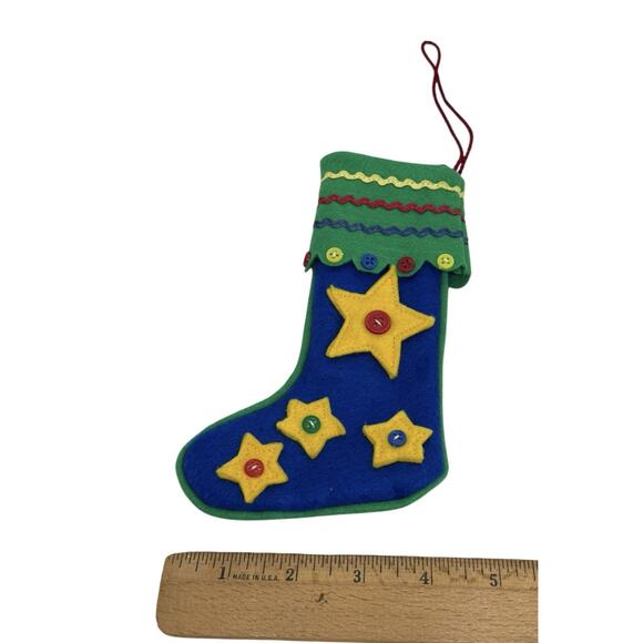 Vintage 7” Felt Christmas Stocking Embroidered Yellow Stars Appliqués Buttons - Picture 9 of 10